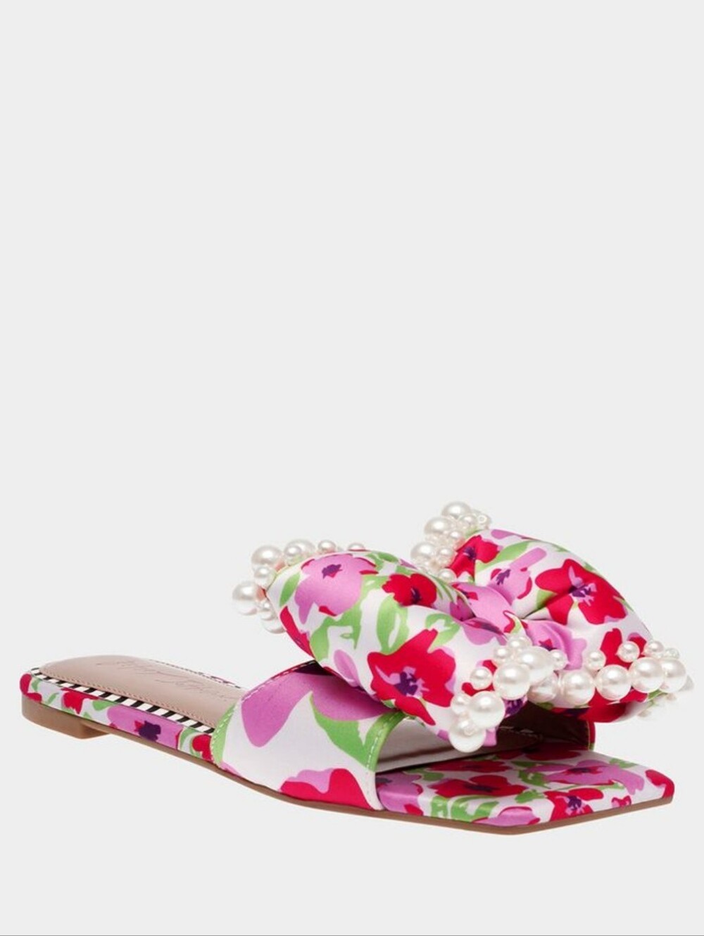 Betsey Johnson Liah Pearl Embellished Bow Flat Slide Sandals